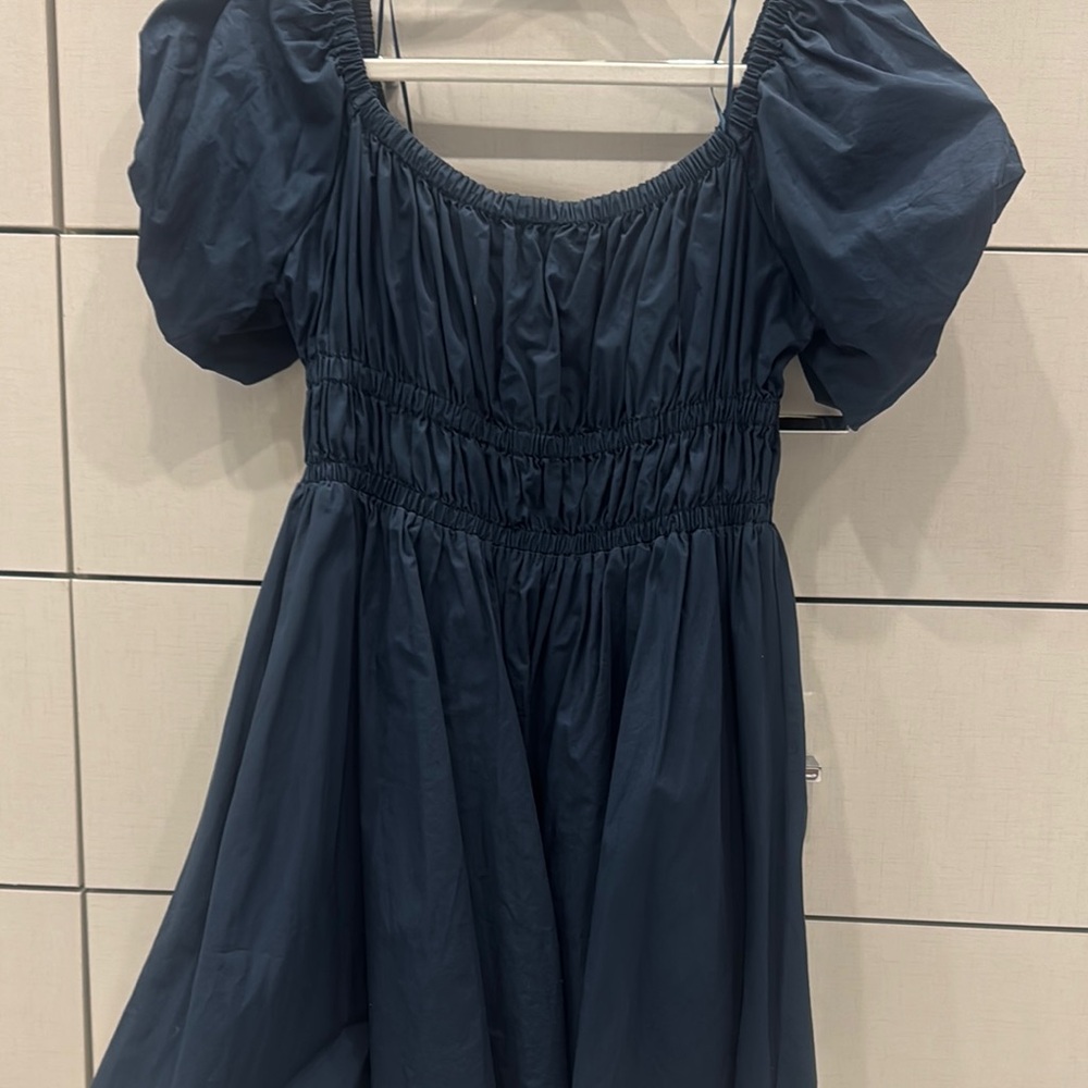 Aqua dark blue slip on dress with cinch waist ; puff sleeve; worn off shoulder